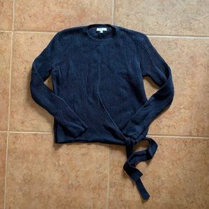 Madewell navy ribbed crew neck with crossed bow at bottom